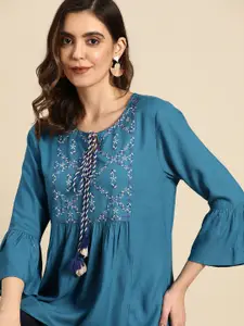 all about you Woven Design Tie-Up Neck Bell Sleeves Kurti with Embroidered Yoke