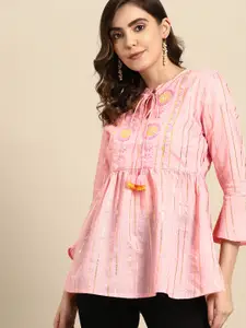 all about you Floral Embroidered Bell Sleeves Pleated Kurti
