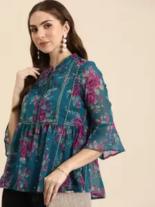 all about you A-Line Floral Printed Tie-Up Neck Kurti