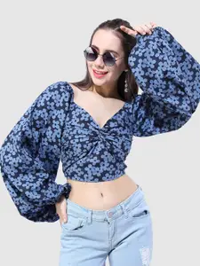 Freehand Floral Print Sweetheart Neck Pure Cotton Crop Top