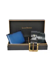 LOUIS STITCH Set of 2 Blue Men Leather Belt & Black Wallet Accessory Gift Set