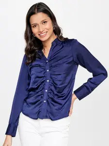 AND Navy Shirt Style Long Cuffed Sleeves Top