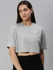 Huetrap Women Cotton Drop-Shoulder Sleeves Boxy Crop T-shirt