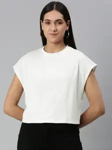 Huetrap Women Cotton Extended Sleeves Boxy Crop T-shirt