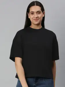 Huetrap Women Black Drop-Shoulder Sleeves Boxy T-shirt