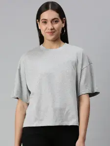 Huetrap Women Cotton Melange Drop-Shoulder Sleeves Boxy T-shirt