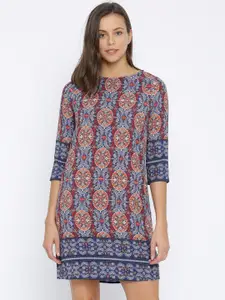 AND Women Blue & Coral Red Printed Shift Dress