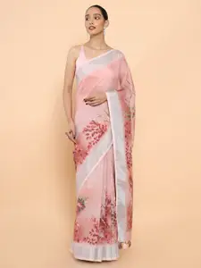 Soch Brown & Silver-Toned Floral Zari Pure Linen Ready to Wear Saree
