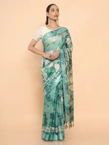 Soch Green & Beige Floral Silk Cotton Ready to Wear Saree