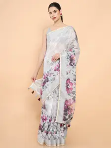 Soch White & Pink Floral Pure Linen Ready to Wear Saree