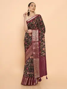 Soch Black & Purple Floral Zari Pure Silk Ready to Wear Saree