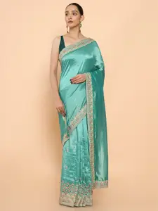 Soch Green & Gold-Toned Floral Embroidered Pure Georgette Saree