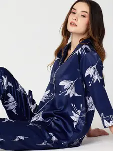 I like me Women Printed Floral Lapel Collar Night suit