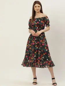 Slenor Floral Off-Shoulder Georgette Midi Dress