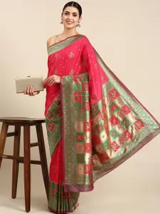 Mitera Pink & Green Woven Design Pure Banarasi Silk Saree