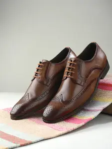 House of Pataudi Men Patterned Genuine Leather Formal Brogues