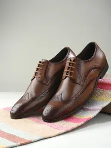 House of Pataudi Men Patterned Genuine Leather Formal Brogues