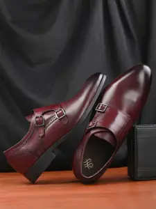 House of Pataudi Men Bordo Genuine Leather Straps Formal Monk Shoes