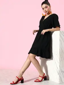 ANI Black Tiered Flared Sleeves Wrap Dress With Belt