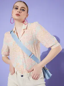 ANI Women Comfort Floral Semi Sheer Printed Puff Sleeves Casual Shirt