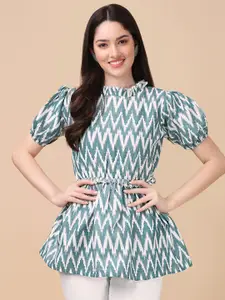 GUFRINA Green & White Geometric Print Ruffles Cinched Waist Top