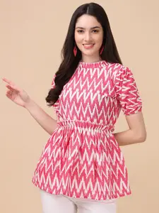 GUFRINA Pink & White Geometric Print Ruffles Cinched Waist Top