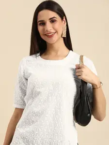 Anouk White Floral Chikankari Embroidered Pure Cotton Short Kurti
