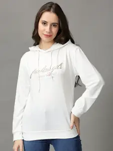 SHOWOFF Women Typography Embellished Hooded Pullover Sweatshirt
