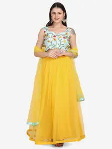 Atsevam Yellow & Green Embroidered Semi-Stitched Lehenga & Unstitched Blouse With Dupatta