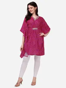 HERE&NOW Pink Bandhani Printed V-Neck Extended Sleeves Kaftan Kurti