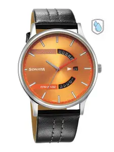 Sonata Men Brass Dial & Leather Straps Analogue Watch
