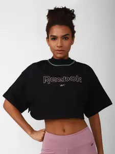 Reebok Women Pure Cotton Typography Drop-Shoulder Sleeves Oversized T-shirt
