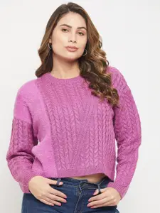 Madame Women Cable Knit Acrylic Pullover With Fuzzy Detail