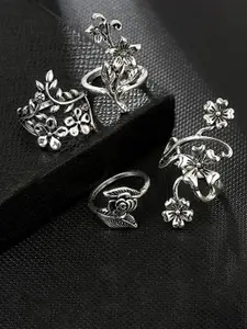 Jewels Galaxy Women Set Of 4 Silver-Plated Oxidised Floral Design Finger Rings