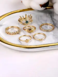 Jewels Galaxy Women Set Of 6 Gold-Plated Stone Studded Evil Eye Stackable Finger Rings