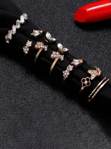 Jewels Galaxy Women Set Of 7 Gold-Plated & Stone-Studded  Butterfly Design Finger Rings