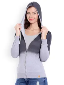Campus Sutra Women Grey Colourblocked Hooded Sweatshirt