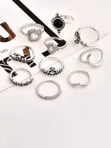 Jewels Galaxy Women Set Of 11 Silver-Plated Stone-Studded Adjustable Finger Ring