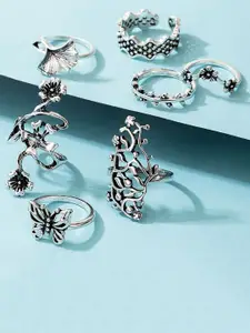 Jewels Galaxy Set Of 7 Silver-Plated Floral Contemporary Stackable Finger Rings