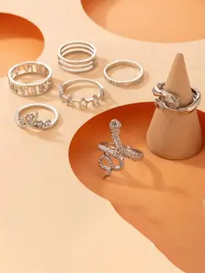 Jewels Galaxy Set Of 7 Silver-Plated Snake Inspired Stackable Finger Rings