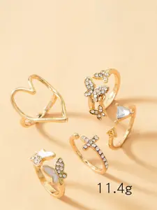 Jewels Galaxy Set Of 5 Gold-Plated Contemporary Stone-Studded Finger Rings