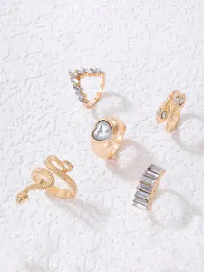 Jewels Galaxy Set Of 5 Gold-Plated Stone-Studded Finger Ring
