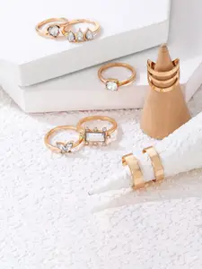 Jewels Galaxy Set Of 7 Gold-Plated Stone-Studded Finger Ring