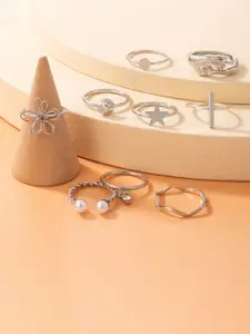 Jewels Galaxy Set Of 9 Silver-Plated Stone-Studded Adjustable Finger Ring