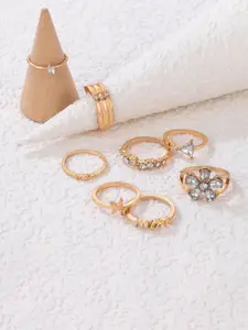 Jewels Galaxy Set of 8 Gold Plated Adjustable MOM Floral Finger Ring