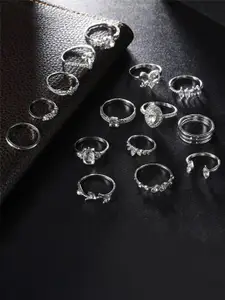 Jewels Galaxy Set Of 15 Silver-Plated Stone Studded Stackable Finger Rings