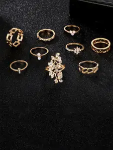 Jewels Galaxy Set Of 9 Gold-Plated Stone Studded Contemporary Stackable Finger Rings