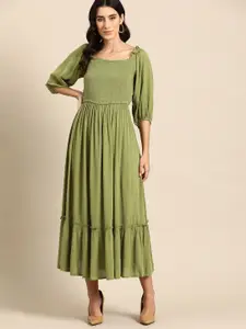 all about you Smocked Puff Sleeve A-Line Midi Dress