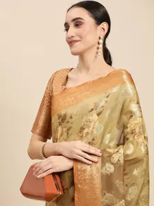 Mitera Brown & Gold-Toned Floral Zari Pure Silk Jacquard Saree