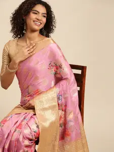 Mitera Magenta & Gold-Toned Floral Jacquard Zari Pure Silk Saree